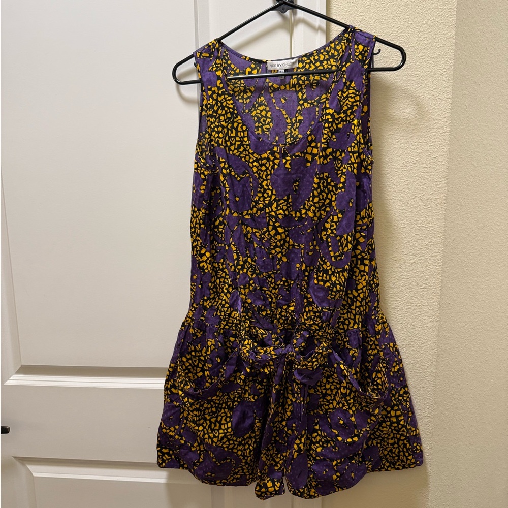 See by Chloe, Purple and Yellow Sleeveless Dress w/pockets and bow